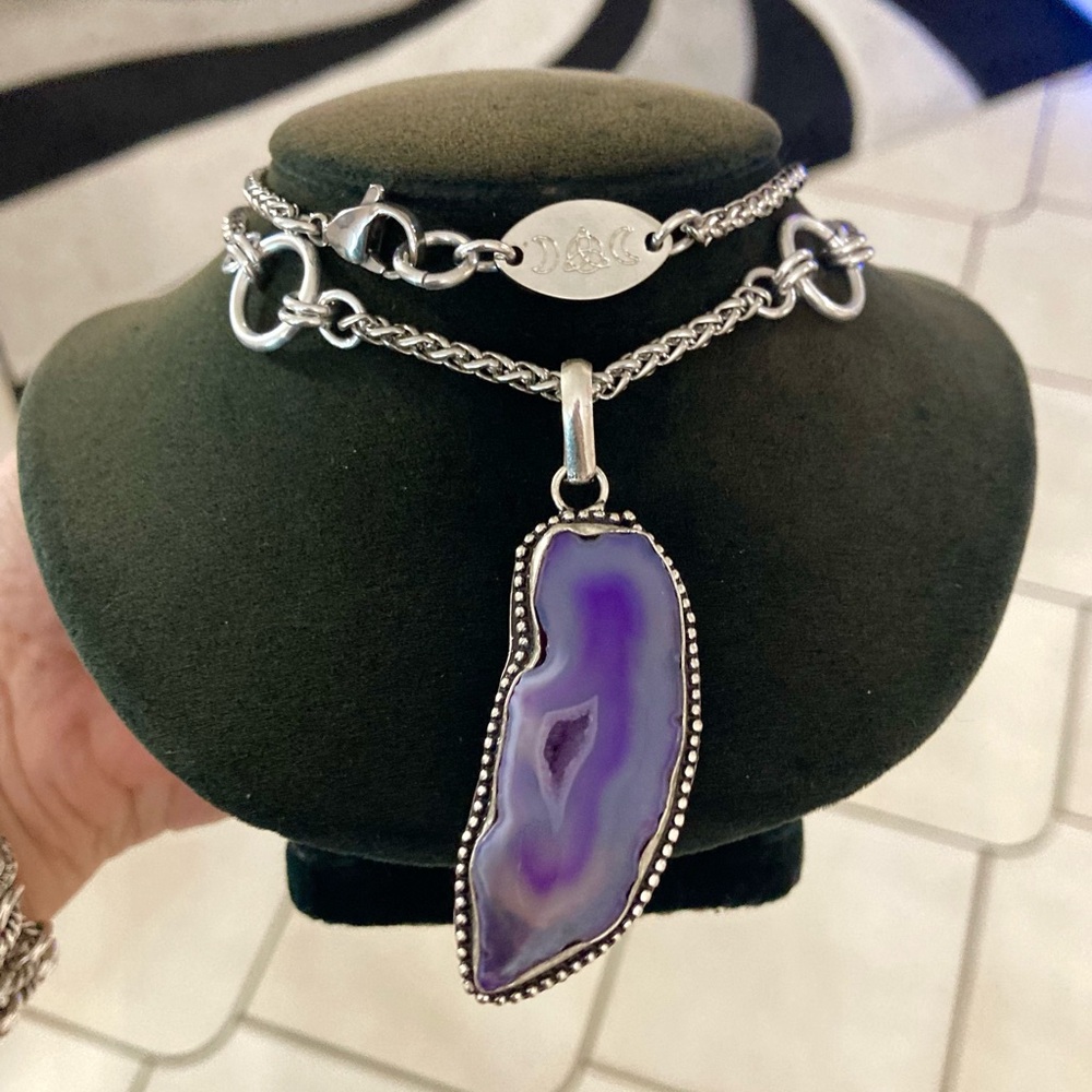 925 sterling silver overlay Purple agate slice gemstone charm boho necklace . - Picture 6 of 16